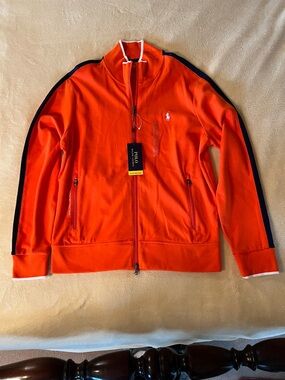 Polo by Ralph Lauren Orange Full-Zip Track Jacket with Navy Stripes